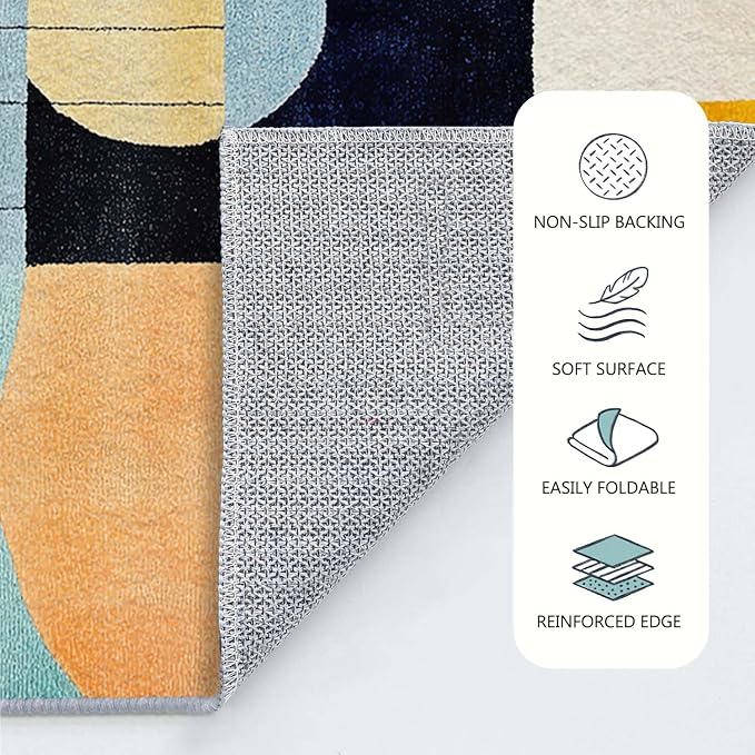 5x7 Colorful Area Rug Modern Abstract Orange Yellow Pink Blue White Beige Black Bedroom Rug Low Pile Thin Large Carpet Living Room Non Slip Dining Room Stain Resistant Office Washable Machine