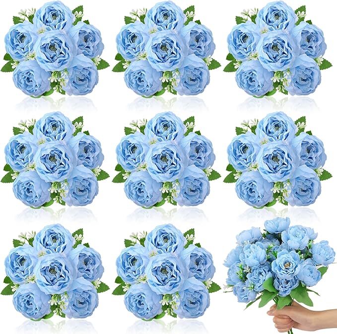 8 Pack Blue Peonies Artificial Flowers, Fake Silk Hydrangea Bouquet for Bridal Wedding Home Table Decor Reusable Dining Opening Ceremony Birthday Arrangement Faux Floral