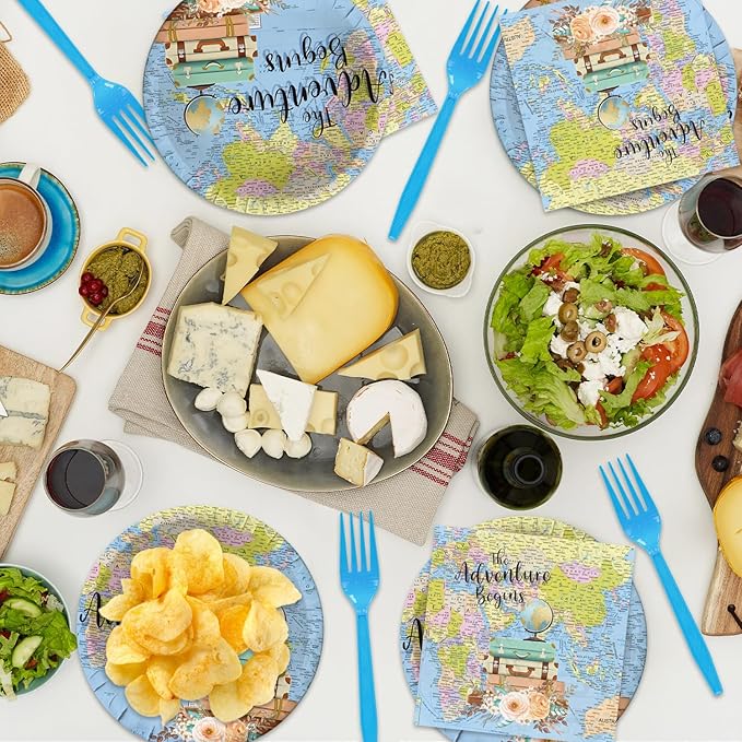 48Pcs Travel Themed Adventure Begin Bon Voyage Party Decorations Plates Napkins Forks for Boys Girls Serve 20 Guests