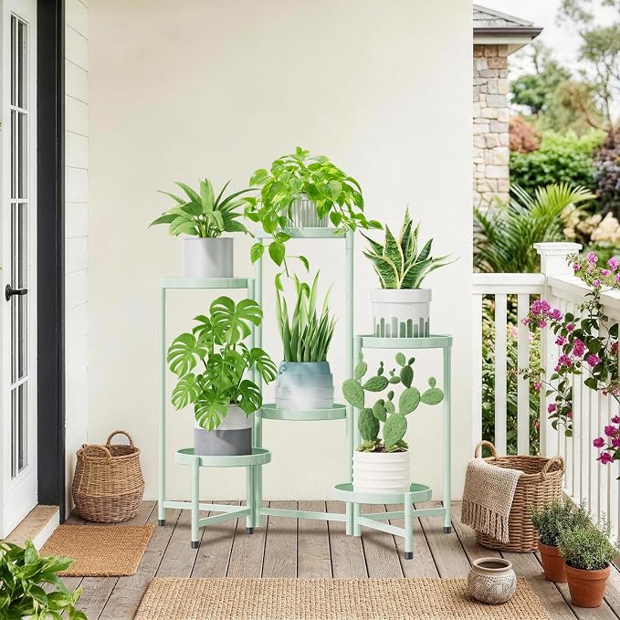 iDavosic.ly 6 Tier Large Plant Stand Indoor, 10 Inch Wide Tall Corner Metal Plant Stands Outdoor for Multiple Plants, Folding Tiered Flower Display Holder Rack Shelf, Light Green