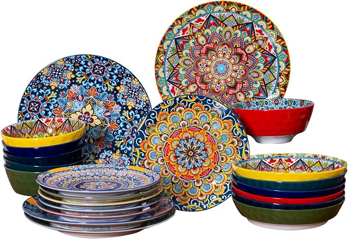 24 Pieces Dinnerware Sets, Ceramic Plates and Bowls Set, Microwave and Dishwasher Safe, Scratch Resistant, Bohemian Style Dishware Set, Service for 6