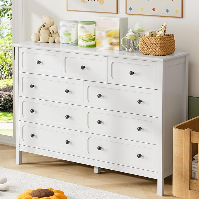 White Dresser for Bedoom, Modern Chest of Drawers, Wood 9 Drawer Dresser with Metal Handles, Modern Dressers & Chest of Drawers for Living Room, Hallway, Entryway