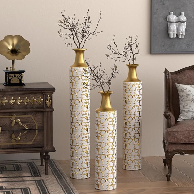 Metal Floor Vases Decorative, Set of 3 Flower Arrangement Stand, Metal Decorative Vase Tall Distressed Metallic Centerpiece Vases, 32", 28", 24" H (Antique White)