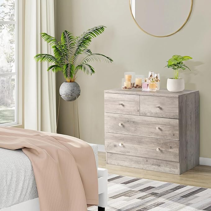Karl home Grey 4 Drawer Dresser for Bedroom, Modern Wood Dresser Chest of Drawers, Rustic Bedroom Dressers Nightstand, Anti-Tipping Device, Rose Gold Metal Handle, Living Room, Hallway, Office