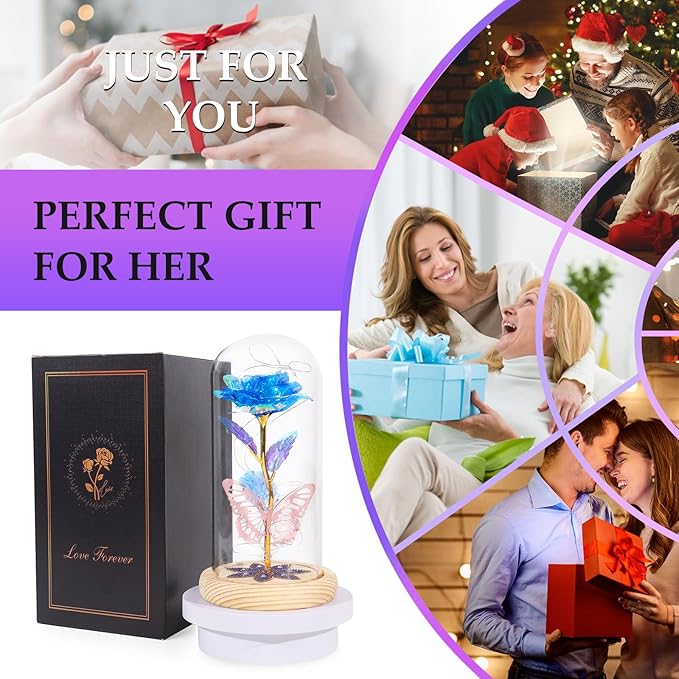 Beferr Birthday Gifts for Women Mom, Galaxy Glass Rose Forever Preserved Flowers for Delivery Prime Eternal Rose in Glass Dome Christmas Mom Gift for Grandma Wife Sister Her Friends, Blue
