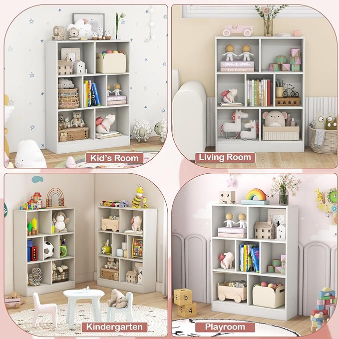 HONEY JOY Kids Toy Storage Organizer, 7-Section Wooden Floor Storage Cabinet, 41” Daycare Toy Chest, 3-Tier Kids Display Bookshelf for Classroom, Playroom & Nursery, Kindergarten (White)