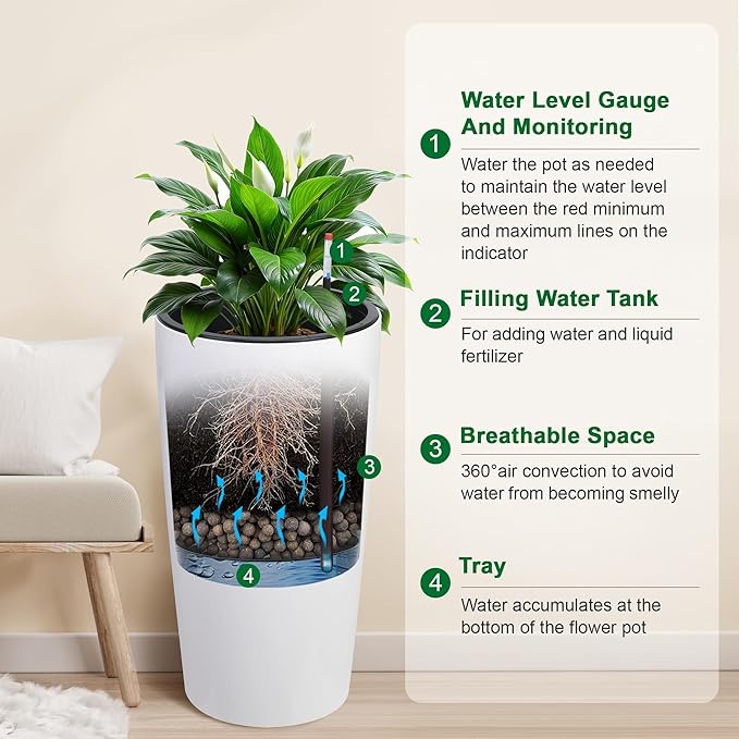 GarveeLife 30 in Tall Planters for Outdoor Plants Set of 2, Large Outdoor Planters for Front Porch Decor with Drainage Holes&Water Level Monitor &Inner Bucket, Automatic Watering, White