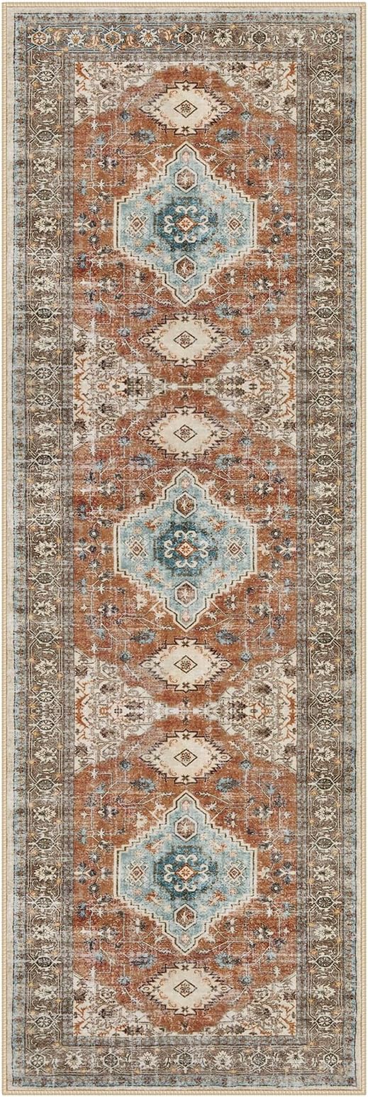 Lahome Oriental Hallway Runner Rug, 2.5x8 Kitchen Runner Non Slip Ultra-Thin, Soft Washable Hallway Rug Non Shedding Long Carpet for Entryway Laundry Room Bathroom, Orange/Multi