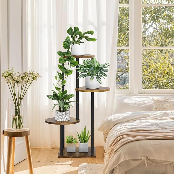 4 Tier Plant Stand Indoor, Metal Wooden Tall Plant Shelf Flower Pot Stand for Multiple Plants, Corner Flower Holder Plant Display Rack for Living Room Balcony Patio Garden (Rustic Brown)