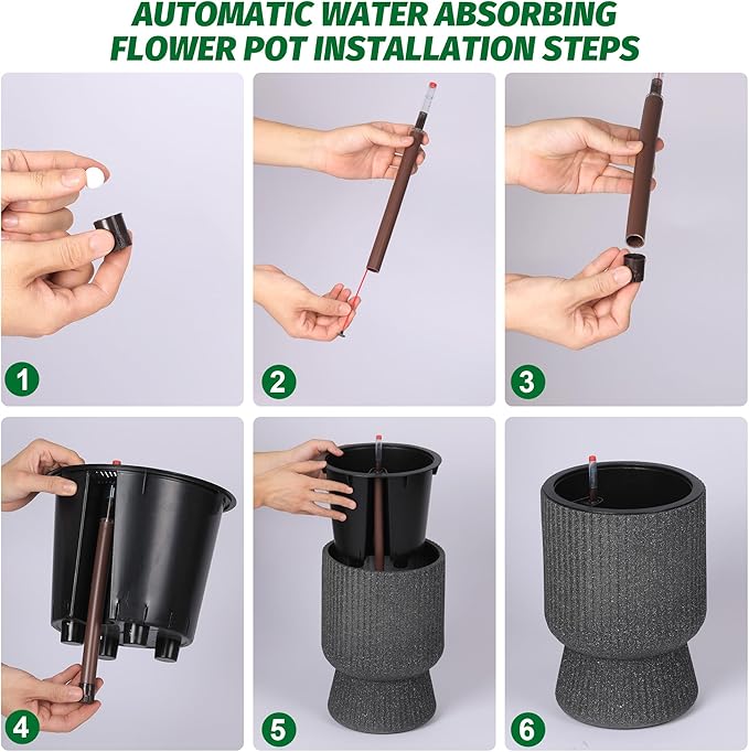 14.2" Tall Planters Set of 2, Plant Pots, Self Watering Pots for Indoor Plants, Flower Pots With Built-In Drainage and a Water Level Monitor, for Patio, Porch, Living Room, or Office, Marble Black