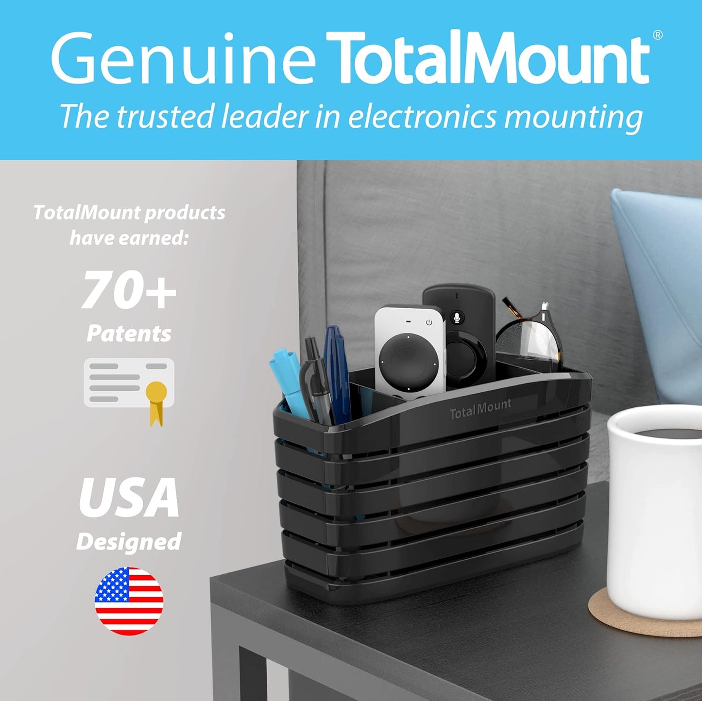 TotalMount Remote Control Holder - Premium Quality & Extra Stability for TV, Bed, or Table | Large - Fits Four Remotes, Black