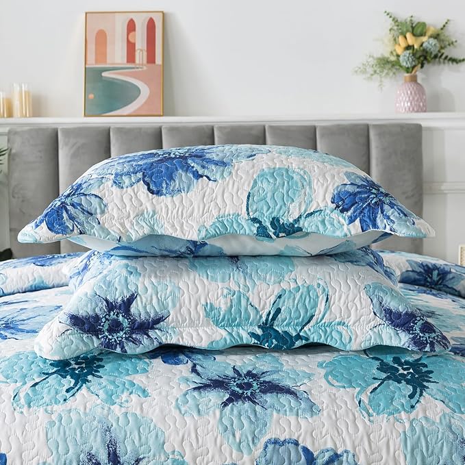 HoneiLife Quilt Sets Queen Size - 3 Piece Microfiber Quilts Reversible Bedspreads Print Coverlets Floral Bedding Set All Season Bedcover- Splash-Ink Painting,Blue & Cyan