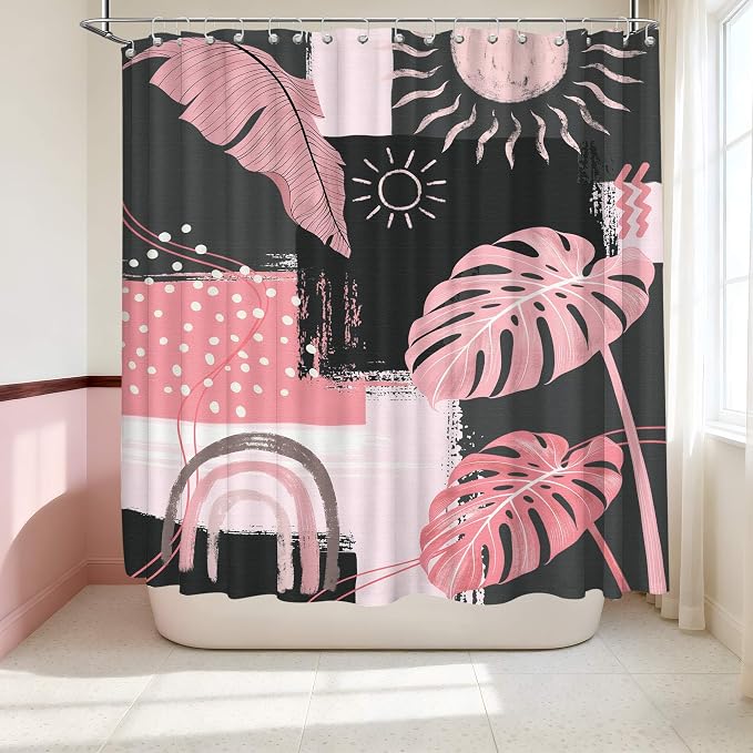 Extra Long Shower Curtain Extra Tall Pink and Gray XL Abstract Grey Bohemian Shower Curtains for Large Bathroom Decor Sets, Waterproof Cloth Fabric with Hooks, 108x72 Inch