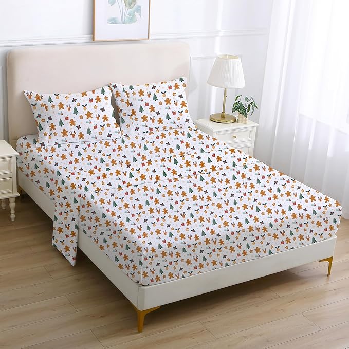 Softan Christmas Holiday Queen Size Sheet Set, Printed Microfiber Fitted Bed Sheet with 15" Deep Pocket & Non-Slip Straps, Snowflake Reindeer Patterned Sheets & Pillowcase Set