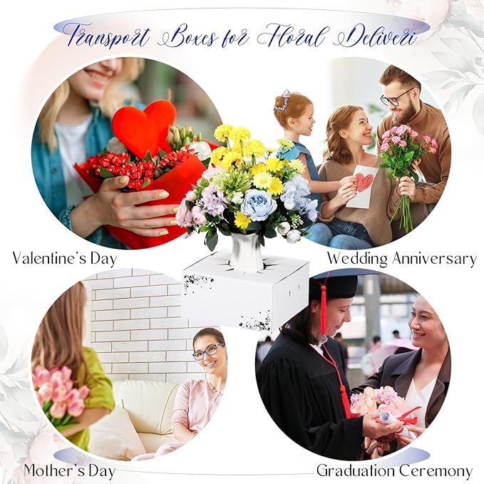 20 Pcs Cardboard Flower Delivery Boxes 8'' x 8'' x 4'' Vase Cases Florist Delivery Boxes for Bouquet Arrangements Florist Package Transport