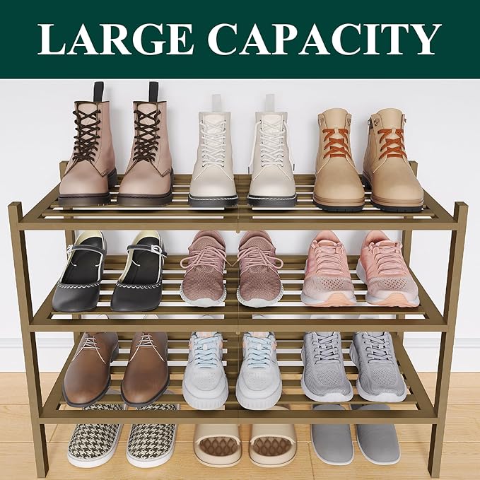 Smiry Bamboo Shoe Rack 3-Tier, Stackable Wooden Shoe Organizer for Entryway & Closet, Free Standing Wood Shoe Storage Shelf for Front Door & Small Spaces, Walnut