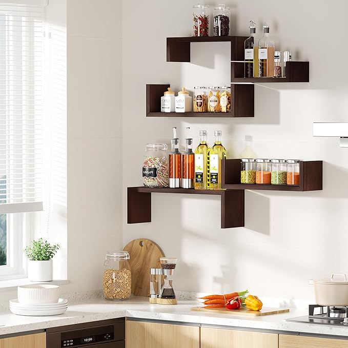 SRIWATANA Floating Shelves for Wall, Wall Shelves for Bathroom, Bedroom, Living Room, Kitchen, Office, Wood Shelves for Home Decor Set of 5 (Dark Walnut)