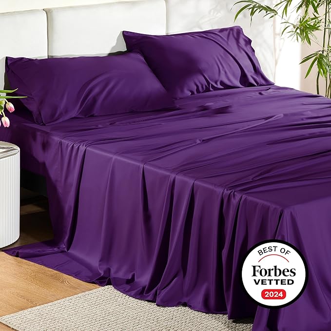 Bedsure King Size Sheets Set, Cooling Sheets for Hot Sleepers, Rayon Derived from Bamboo, Breathable & Soft, Deep Pocket Up to 16 Inches, Hotel Luxury Silky Bedding, Plum