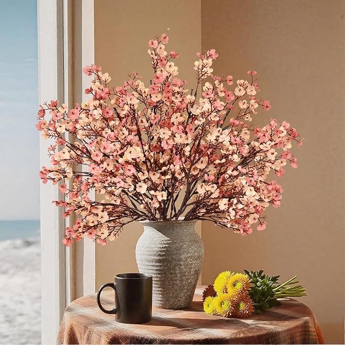 Yastouay Fake Fall Flowers Thanksgiving Table Decor, 5Pcs Fall Beige Brown Artificial Flowers for Decorations, Babys Breath Artificial Flowers Bulk for Thanksgiving Fall Decor Floral Arrangement