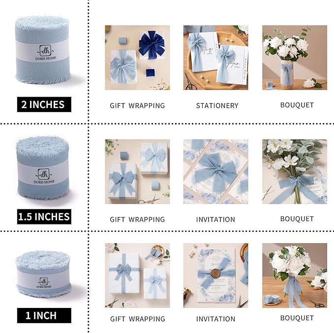 DORIS HOME Dusty Blue Chiffon Ribbon for Flower Bouquet, 1" x21Yd Fabric Ribbon for Gift Wrapping, Handmade Frayed Ribbon for Wedding Invitations/Christmas Decorations