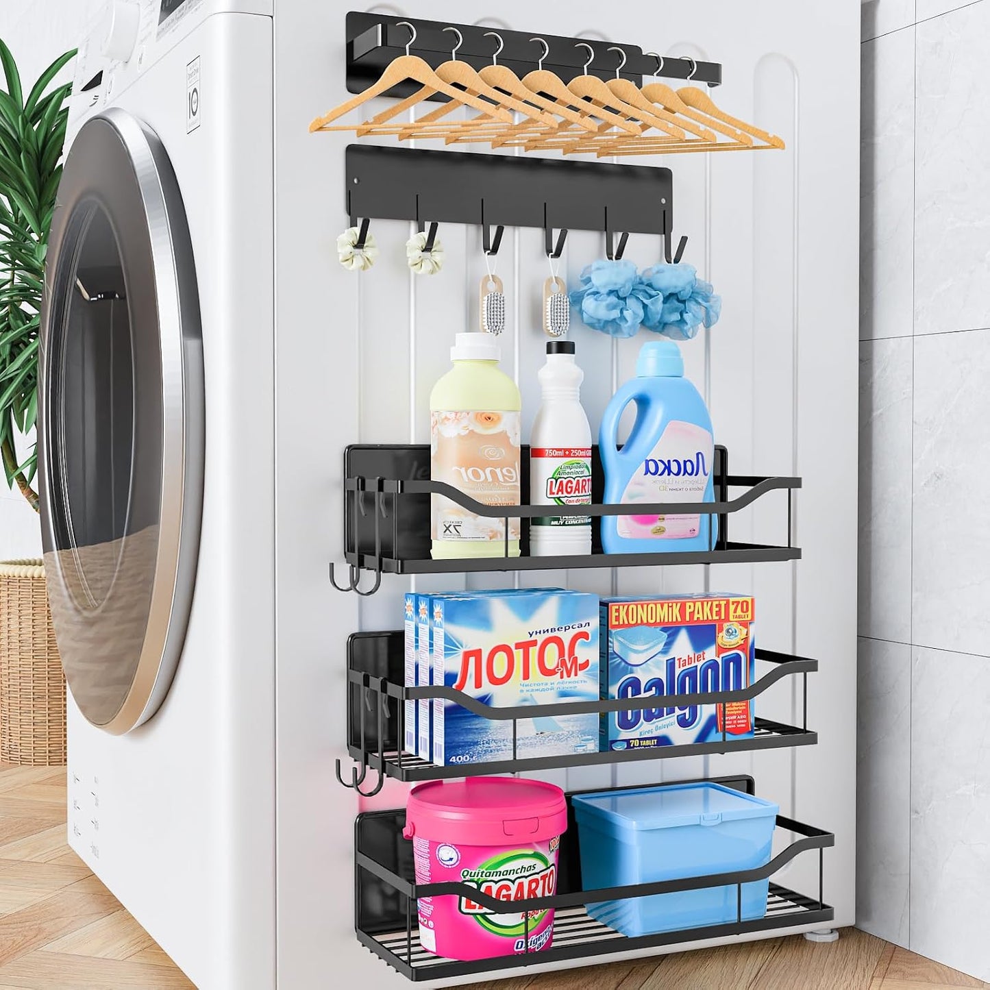 Skiennix Magnetic Spice Rack - Multifunctional Shelf for Metal Surfaces | Includes Paper Towel Holder (5 Pcs - Black)