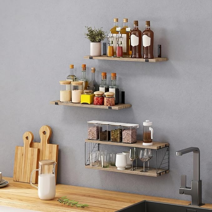 Fixwal Bathroom Floating Shelves Over Toilet, 15.8in Farmhouse Rustic Wood Shelves, Wall Decor for Bathroom, Living Room,Bedroom and Kitchen (3 Plus 1 Tier Rustic Brown)