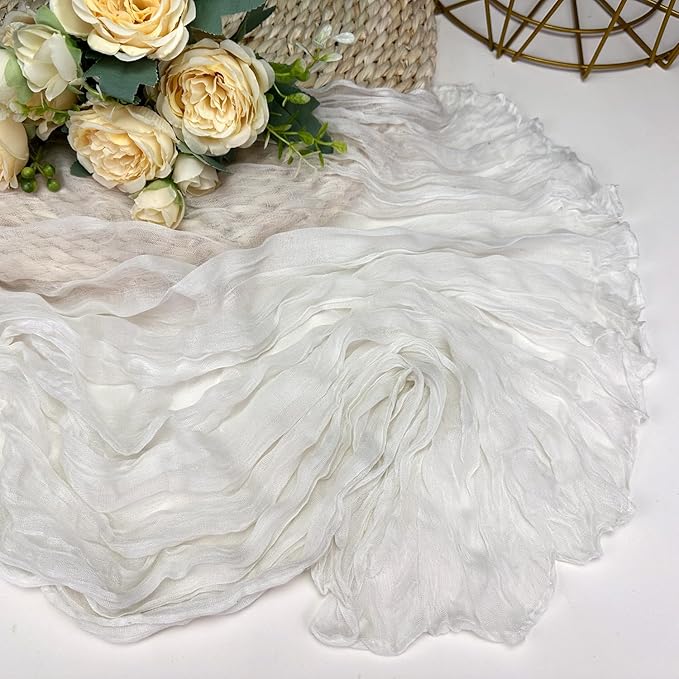 Booque Valley White Table Runner 3 Pack Cheesecloth 10ft Super Soft Boho Wrinkled Gauze Sheer Cloth for Baby Shower Baptism Birthday Party Wedding Christmas Centerpiece Table Decoration, 35x120 Inch