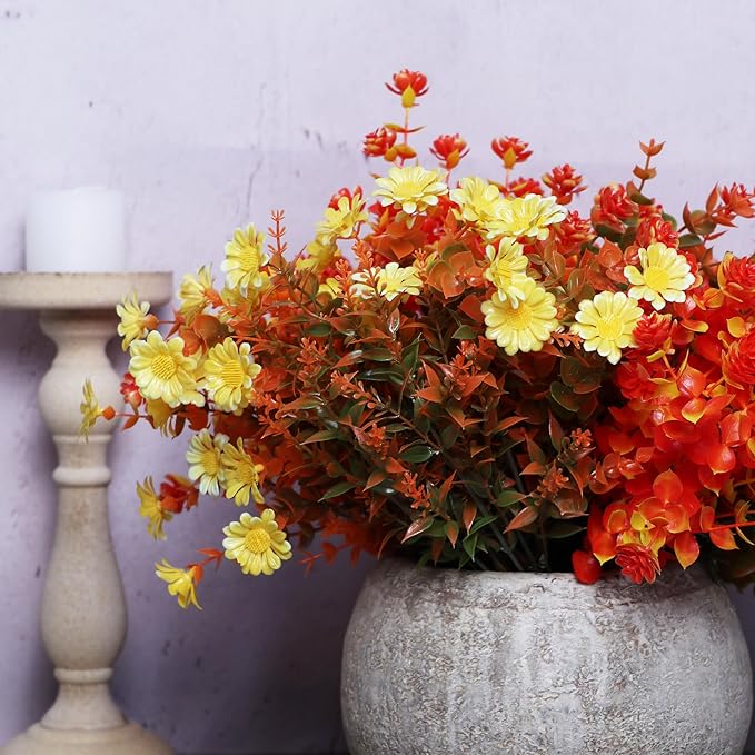 16 Bundles Artificial Plants Outdoor Fake Fall Flowers Mums for Garden Decor for Window Garden Office Patio Hanging Planter Pathway Front Porch (Mixed)
