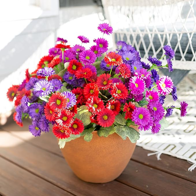 HyeFlora Dahlia Artificial Flowers for Outdoors Decoration, 6 Bundles Fake Daisy Faux Flowers Plants Realistic UV Resistant Silk Flowers for Outside Planter Front Door Yard Garden Indoor Home, Mix