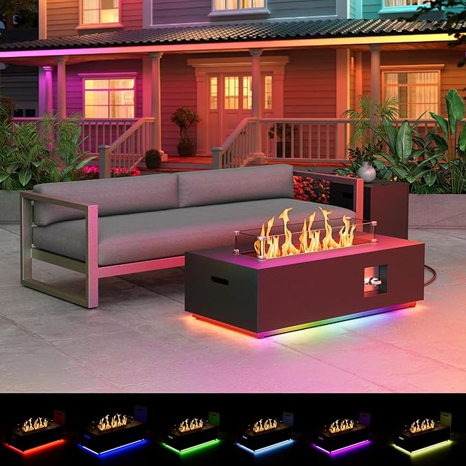 2-Piece 42" LED Rectangular Propane Fire Pit for Outside Patio with Hidden Tank Table, 50,000 BTU Fireplaces with Glass Wind Guard, Lid, Glass Rocks, Cover(Black w/RGB Light)