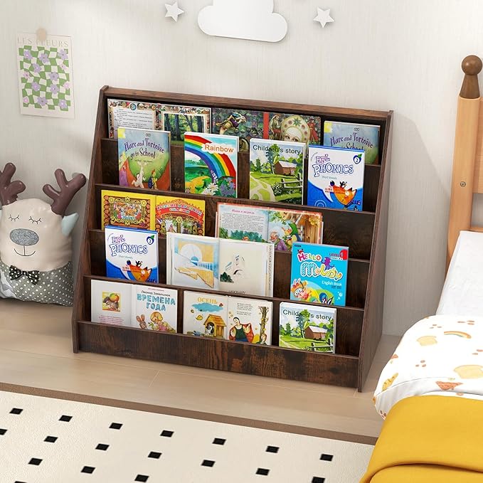 Costzon 5-Tier Kids Bookshelf, Wooden Children Bookcase, Toddler Book Rack, Magazine Storage & Display Shelf, Book Shelf for Kids Room, Living Room, Nursery, Classroom (Brown)