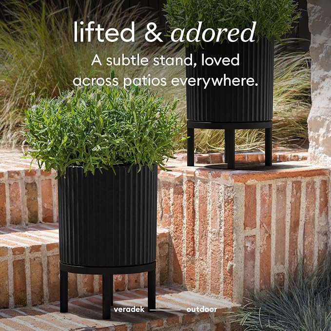 Veradek Demi Series Round Planter w/Stand for Porch/Patio | Durable Plastic-Stone Composite & Wooden Stand | Modern Décor for Tall Plants, Flowers