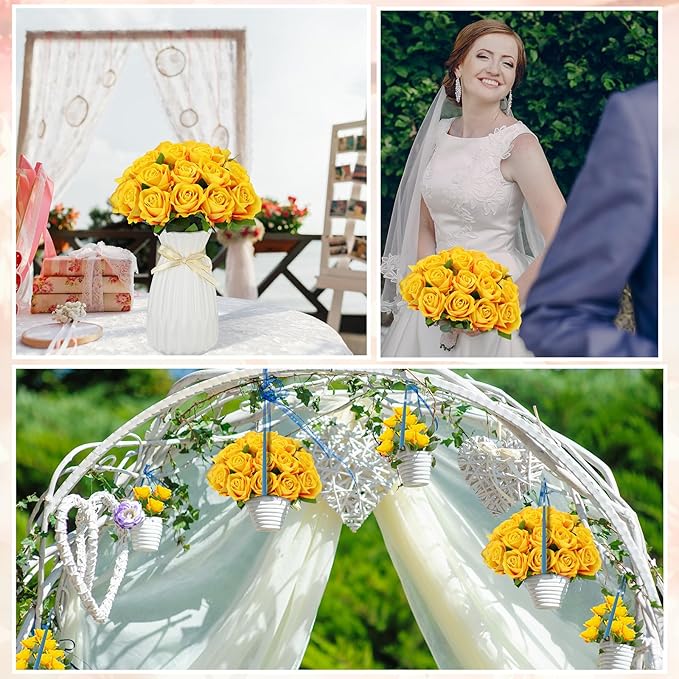 Jexine 50 Pcs Artificial Rose Flower Bulk Realistic Silk Fake Roses with Long Stem Plastic Artificial Flower Bouquet Real Looking for Home Wedding Centerpieces Party Decoration(Yellow)