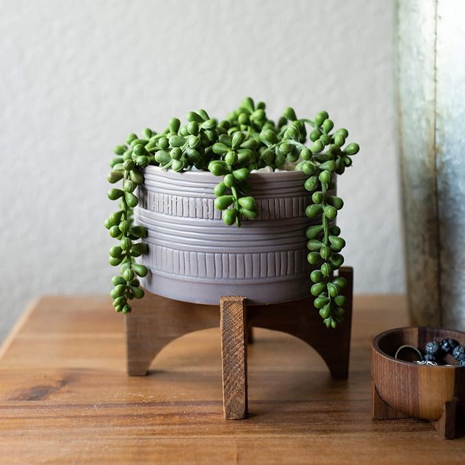 Flora Bunda Mid-Century 5 Inch Pueblo Texture Planter on Wood Stand,Pueblo Dark Grey 5"