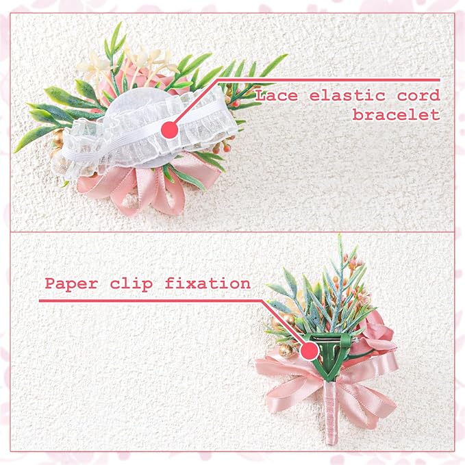 2 Pcs Pink Rose Wrist Corsage and Boutonniere Set, Rose Corsage Hand for Women, Boutonniere for Men Wedding Artificial Flowers Accessories Prom Decor, Wedding Party Accessories (Pink)