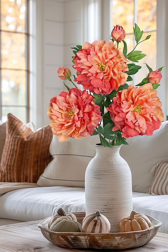 Orange Peonies Artificial Flowers 3Pcs Fall Flowers for Fall Decoration 27.5" Real Touch Silk Faux Peony Flower with Long Stems for Home Autumn Floral Arrangement Vase Table Centerpieces Bouquet Decor