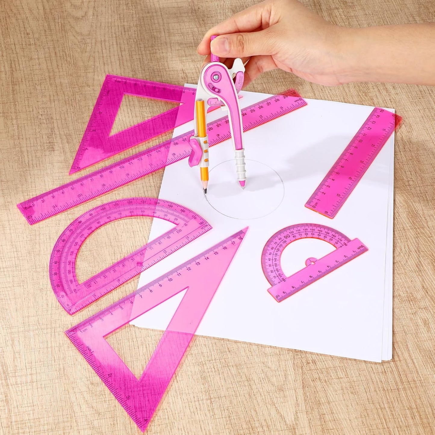 Zonon Geometry Math Set - 7-Piece Plastic Kit with Protractor, Compass, Rulers | Pink