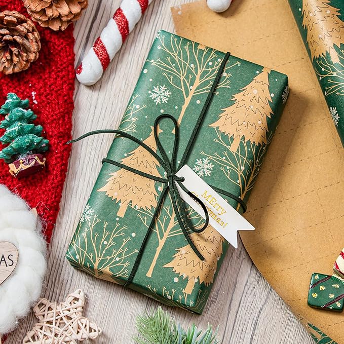 MAYPLUSS Green Kraft Christmas Wrapping Paper - 17Inch X 33Feet - Recyclable Festival Holiday Winter Woodland Matte Green Christmas Tree Kraft Gift Wrap Paper for Holiday, Party Decor, Celebration
