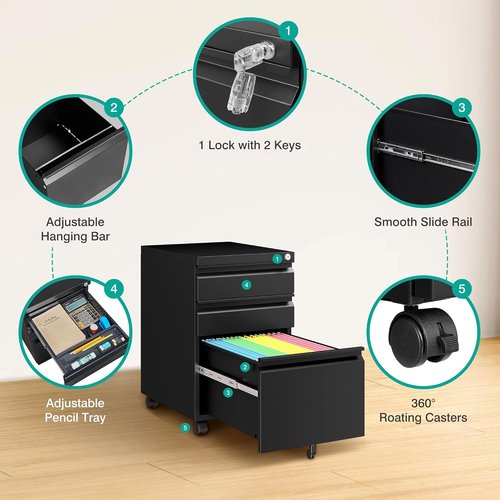 Regine Switzerland 3 Drawer File Cabinet - Lockable Rolling Metal Filing Cabinet for Home Office | Black, A4/Letter/Legal Size