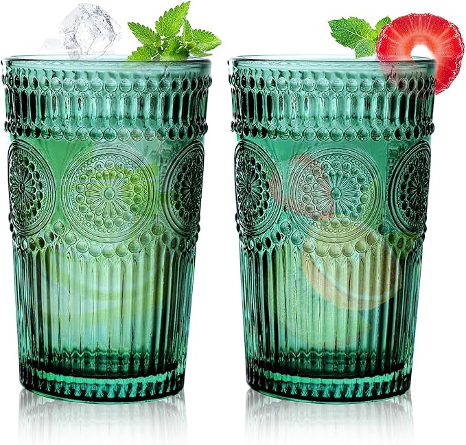 Loivttvv 6pcs Vintage Drinking Glasses Set, 12 oz Dark Green Highball Glasses, Embossed Ribbed Glassware Cups for Cocktail, Water, Juice, Coffee, Whiskey