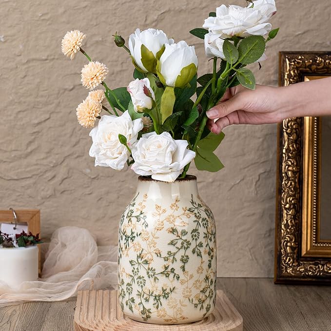 Green Vinatge Vase, Farmhouse Rustic Ceramic Flower Vase, Antique Chinoiserie Vases, Decorative Ice Cracked Large Vases for Home Decors, Living Dining Room Table, Shelf Decor, Office, 7.8 Inch
