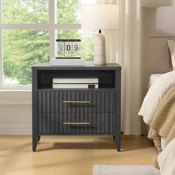 Fluted Nightstands with 2 Drawers, 27" Modern Nightstands Set of 2 with Storage Shelf, Large Queen Size Bedside Table and End Table for Bedroom,Hallway,Office, Dark Gray
