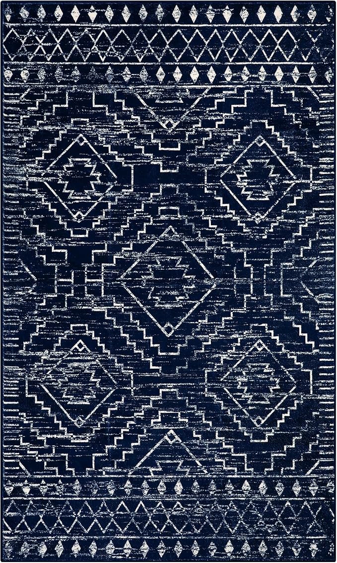 Wonnitar Moroccan Washable Rug 3x5, Blue Non-Slip Entryway Area Rug, Soft Farmhouse Bedroom Throw Mat, Geometric Low Pile Scandinavian Accent Carpet for Entry Kitchen Basement (Blue,3'x5')