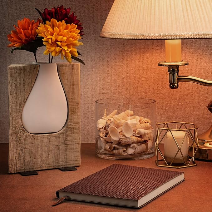 Excello Global Products Matte White Glass and Wood Vase - Rustic Flower Vase Decorative Centerpieces for Dining Room Table Coffee Tables Vintage Farmhouse Decor (Short - 8" x 6")
