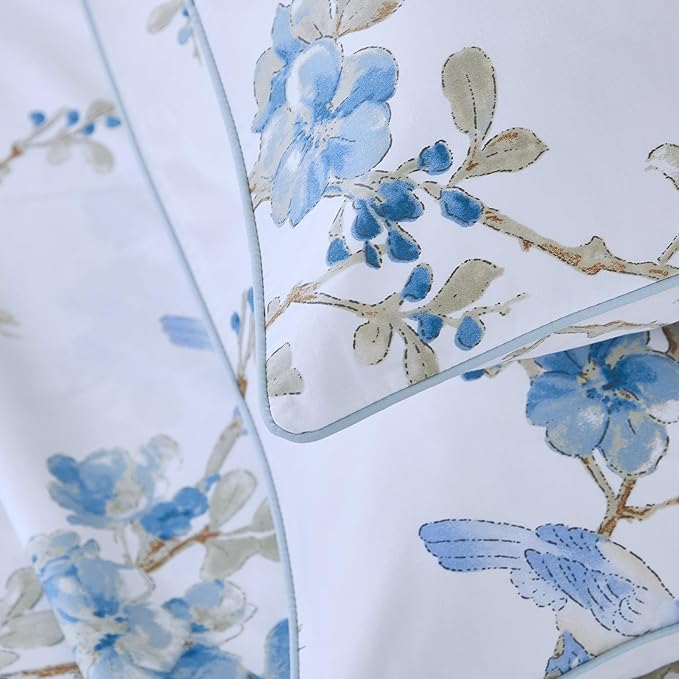 Brandream Queen Size Sheet Set Luxury Blossom Floral Birds Bedding Collections 800 Thread Count 100% Egyptian Cotton Deep Pocket, 4 Piece White Blue Botanical Branches Flower