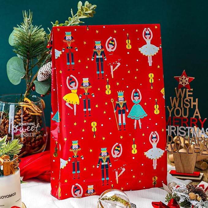 MAYPLUSS Red Christmas Wrapping Paper Roll - 17IN X 33FT - Christmas Nutcracker Gift Wrapping Paper Featuring Ballet Guitar Gold Star Reversible Gold for Kids, Holiday, New Year