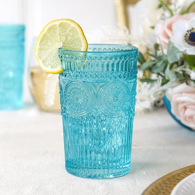 Kate Aspen Vintage Textured Aqua Blue Striped Drinking Glasses Set of 6-13 oz Ribbed Glassware with Flower Design | Cocktail Set, Juice Glass, Water Tumbler