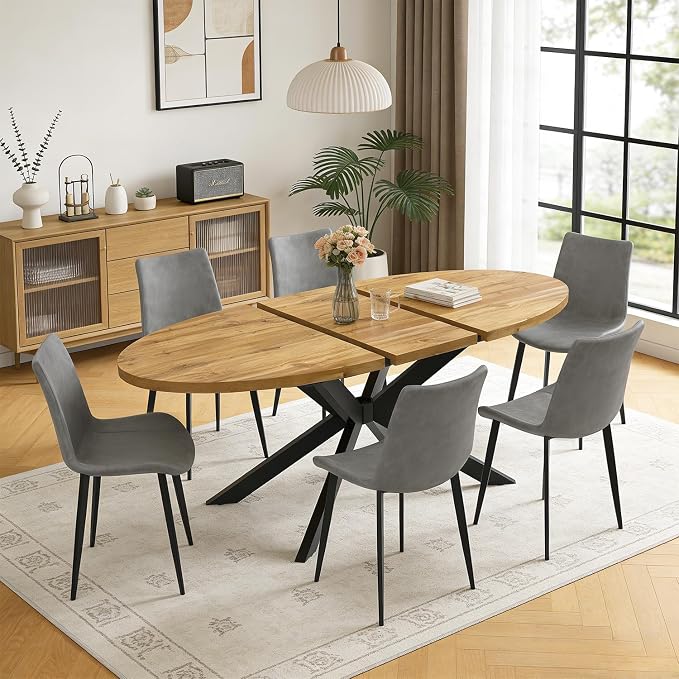 63"-78.7" Extendable Round Dining Table Set for 6, 7 Piece Mid Century Modern Oval Kitchen Table Set, Large Dining Table with 6 Dining Chairs for Living Room Space Saving(Walnut Table+6 Grey Chairs)