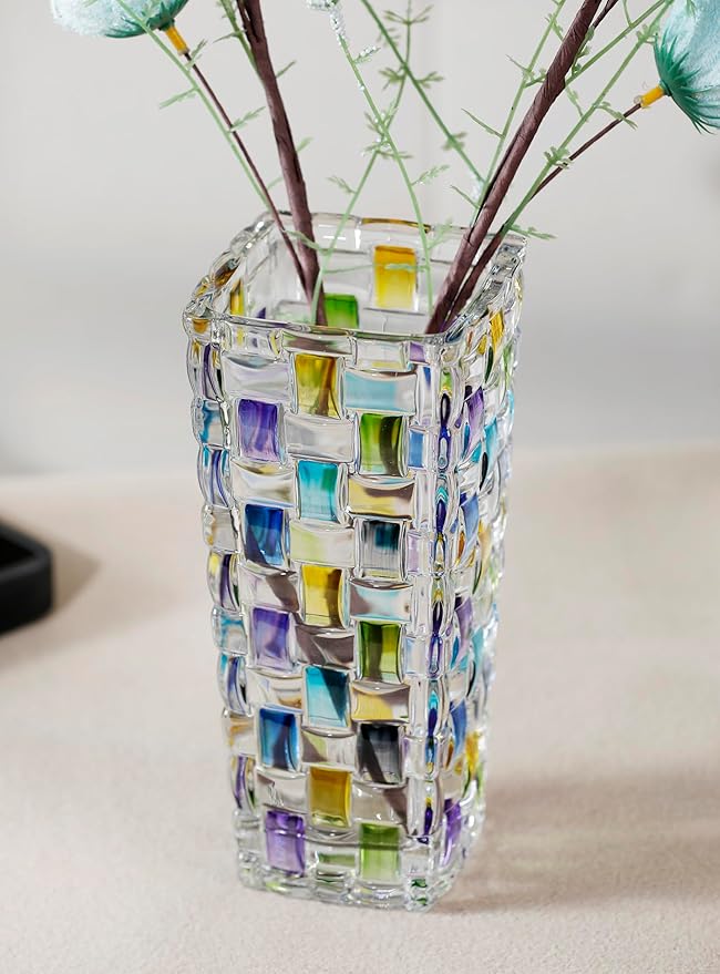 Magcolor Hand Painted Blue Woven Glass Vase -Crystal Flower Vase- 7.7 inch, Glass Plant Vase for Floral Arrangements, Centerpieces, Weddings, Housewarming, Centerpiece Home Deco.