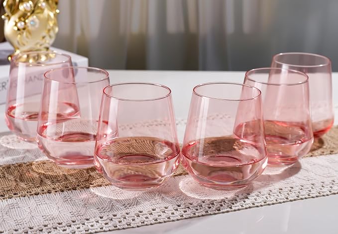 Pink Stemless Wine Glass Set of 6-17oz Wine Glasses, Stemless Drinking Glasses for Wine, Cocktails & Beverages - Elegant Glassware for Home, Bar & Holiday Use